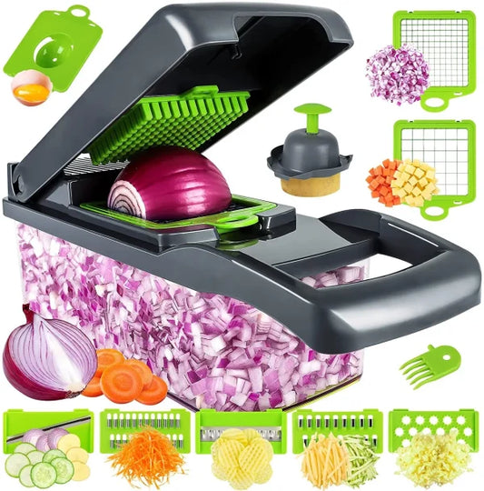 16 In 1 Multifunctional Handheld Onion Cutter Fruits Slicer Potatoes Press Peeler Manual Vegetable Garlic Chopper With Container